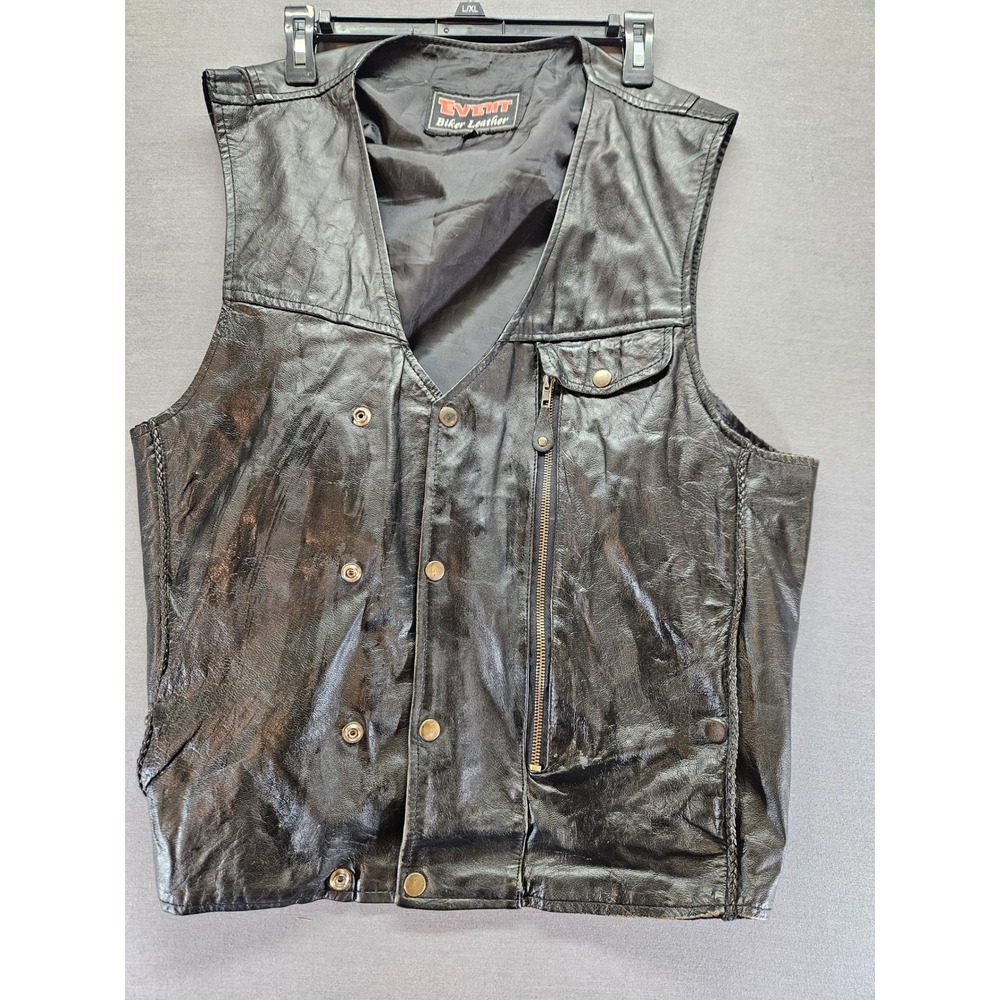 Event Biker Leather Vest Black Motorcycle Braid Trim Snap Front Mens L/XL